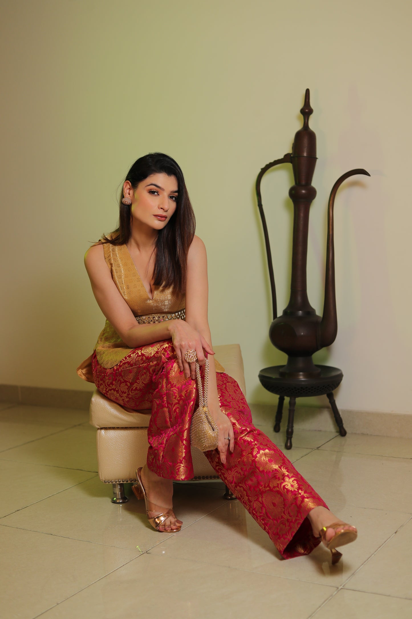 AFREEN: Gold and Pink Silk Brocade Co Ord Set