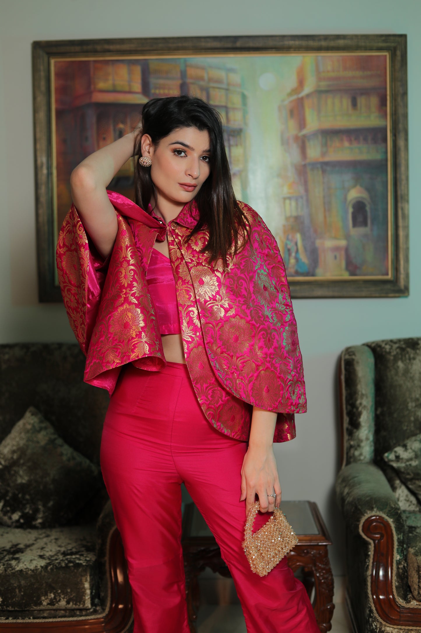 NOOR: Pink Silk Brocade Cape Set