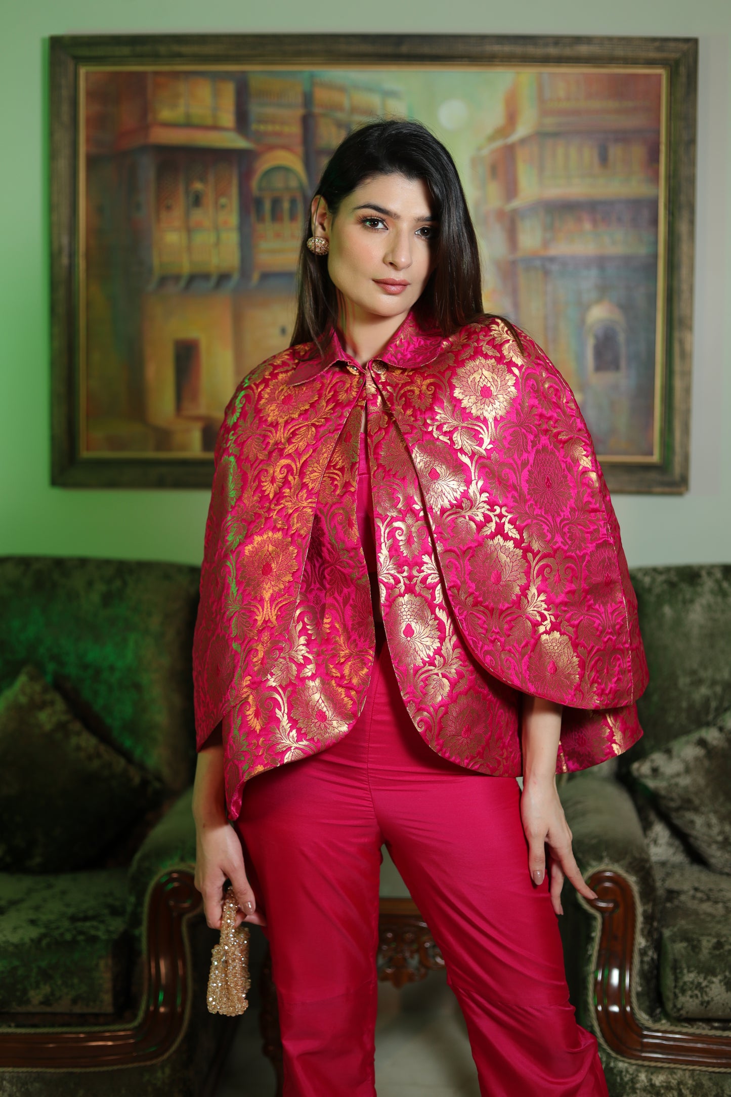 NOOR: Pink Silk Brocade Cape Set