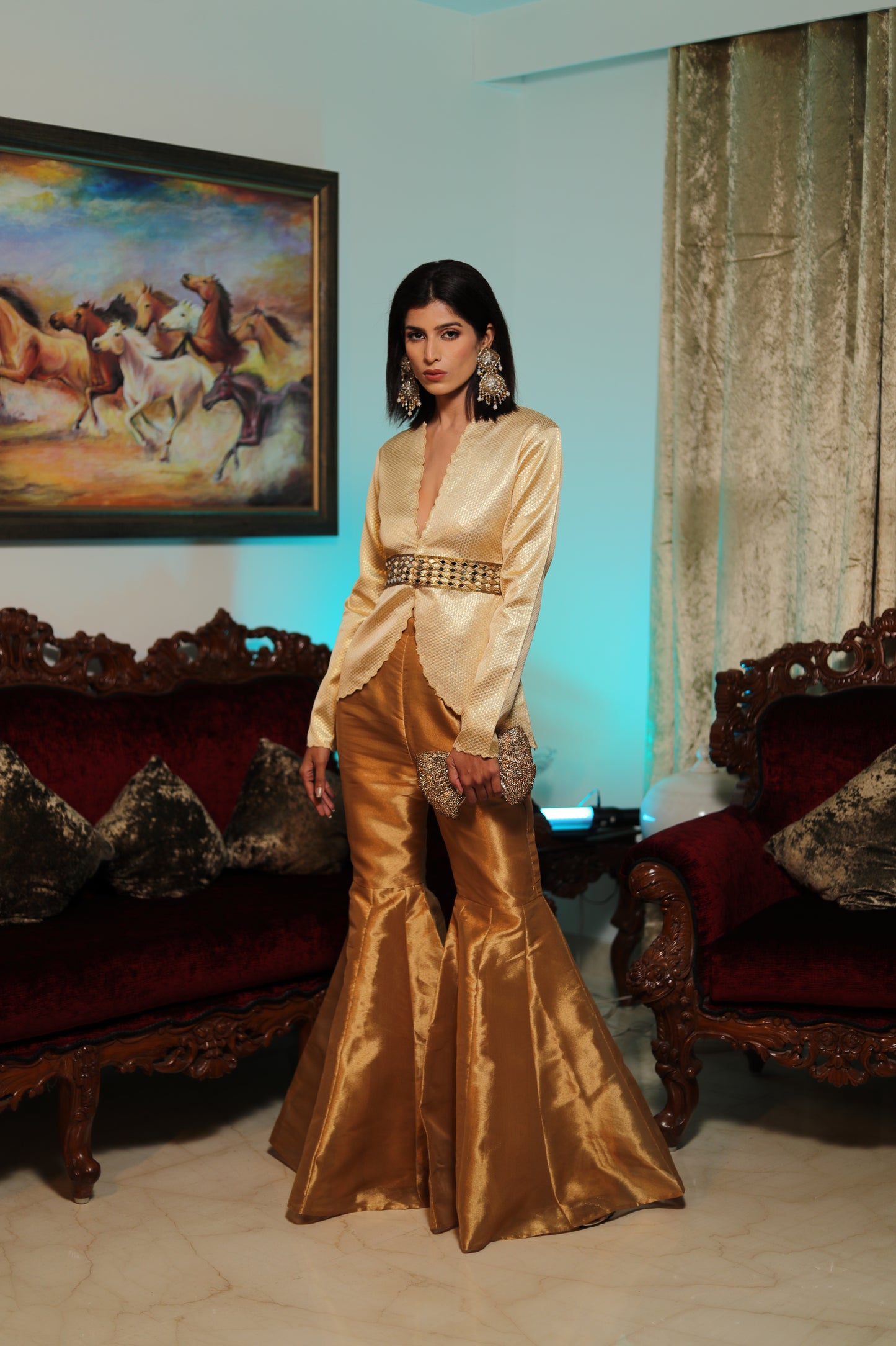 ISHQ: Shimmer Ivory Top With Gold Tissue Net Pant