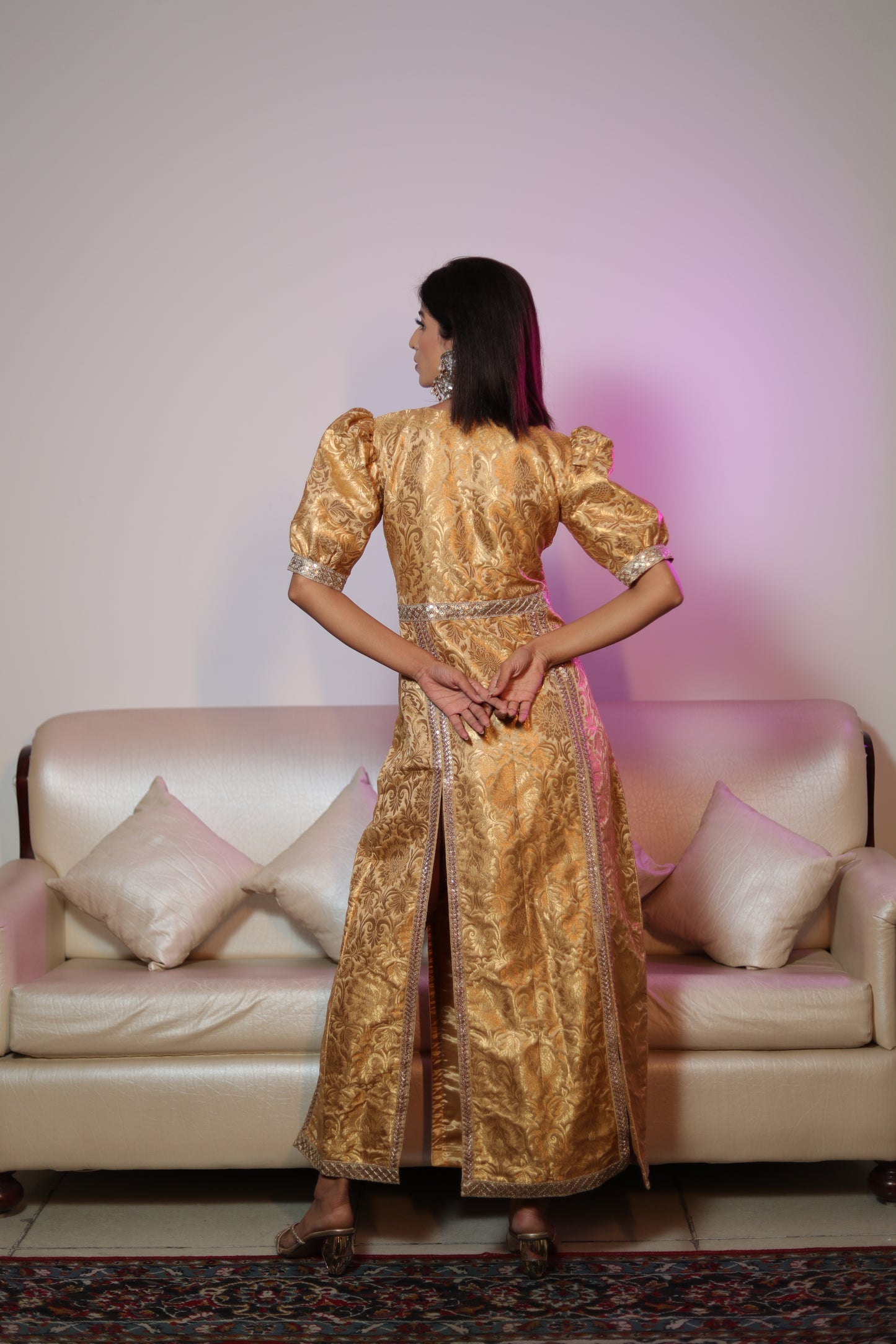 RAJRANI: Royal Gold Silk Brocade Dress