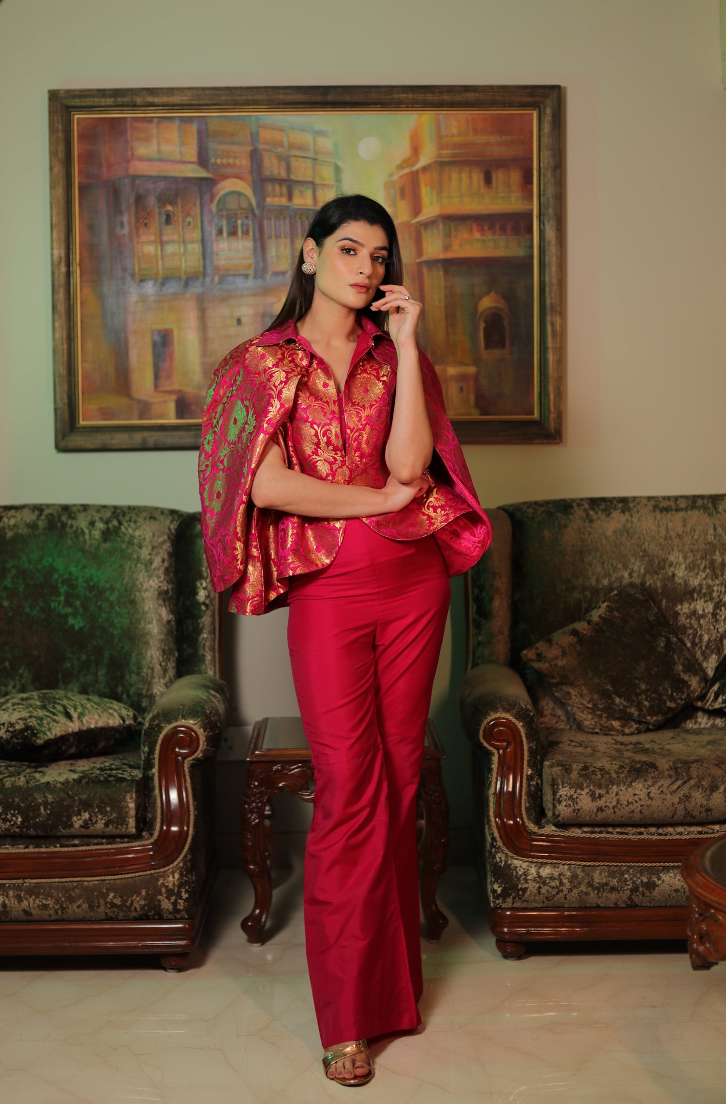 NOOR: Pink Silk Brocade Cape Set