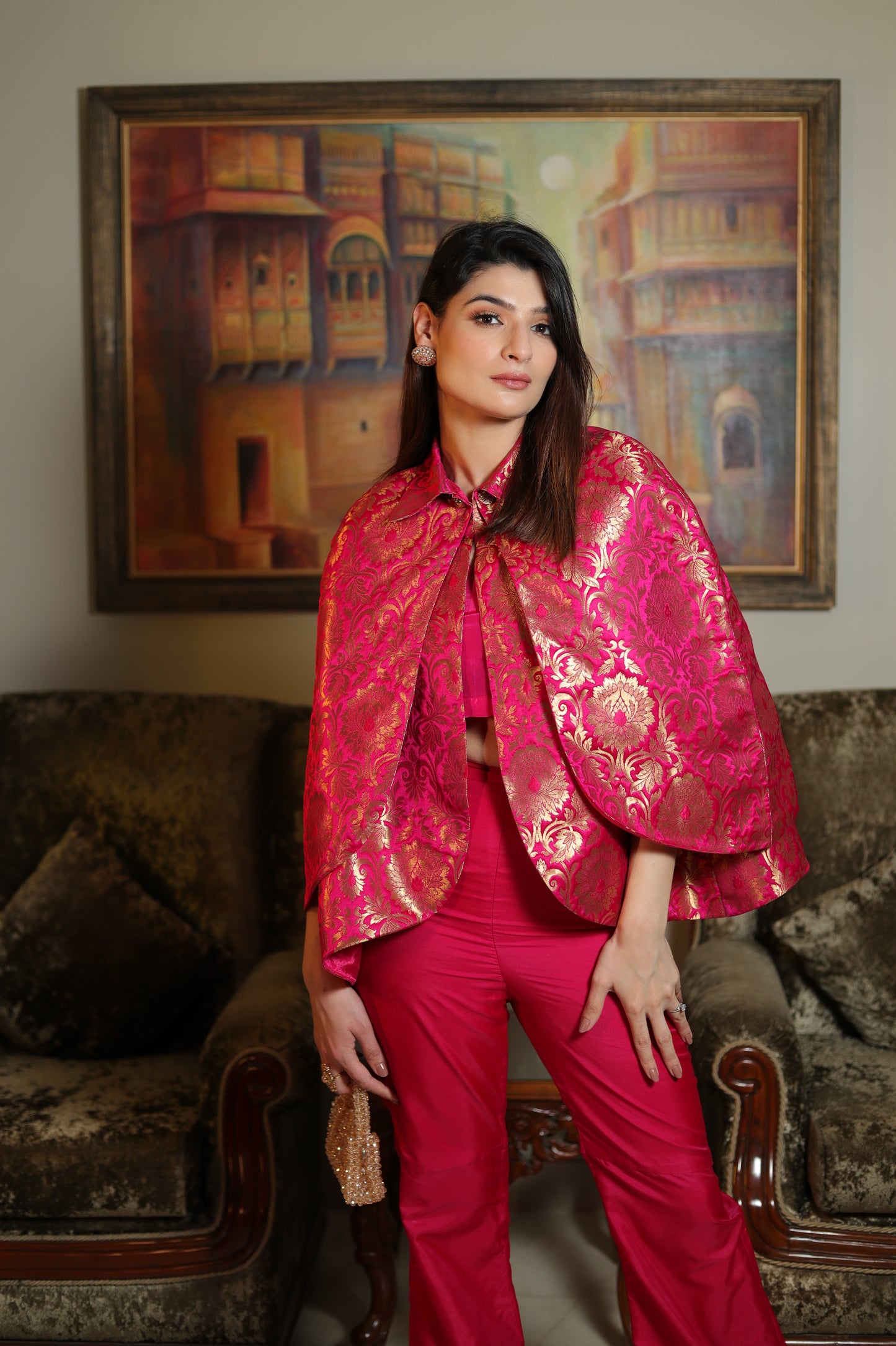 NOOR: Pink Silk Brocade Cape Set