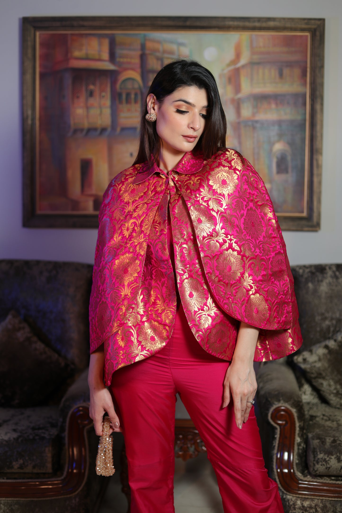 NOOR: Pink Silk Brocade Cape Set