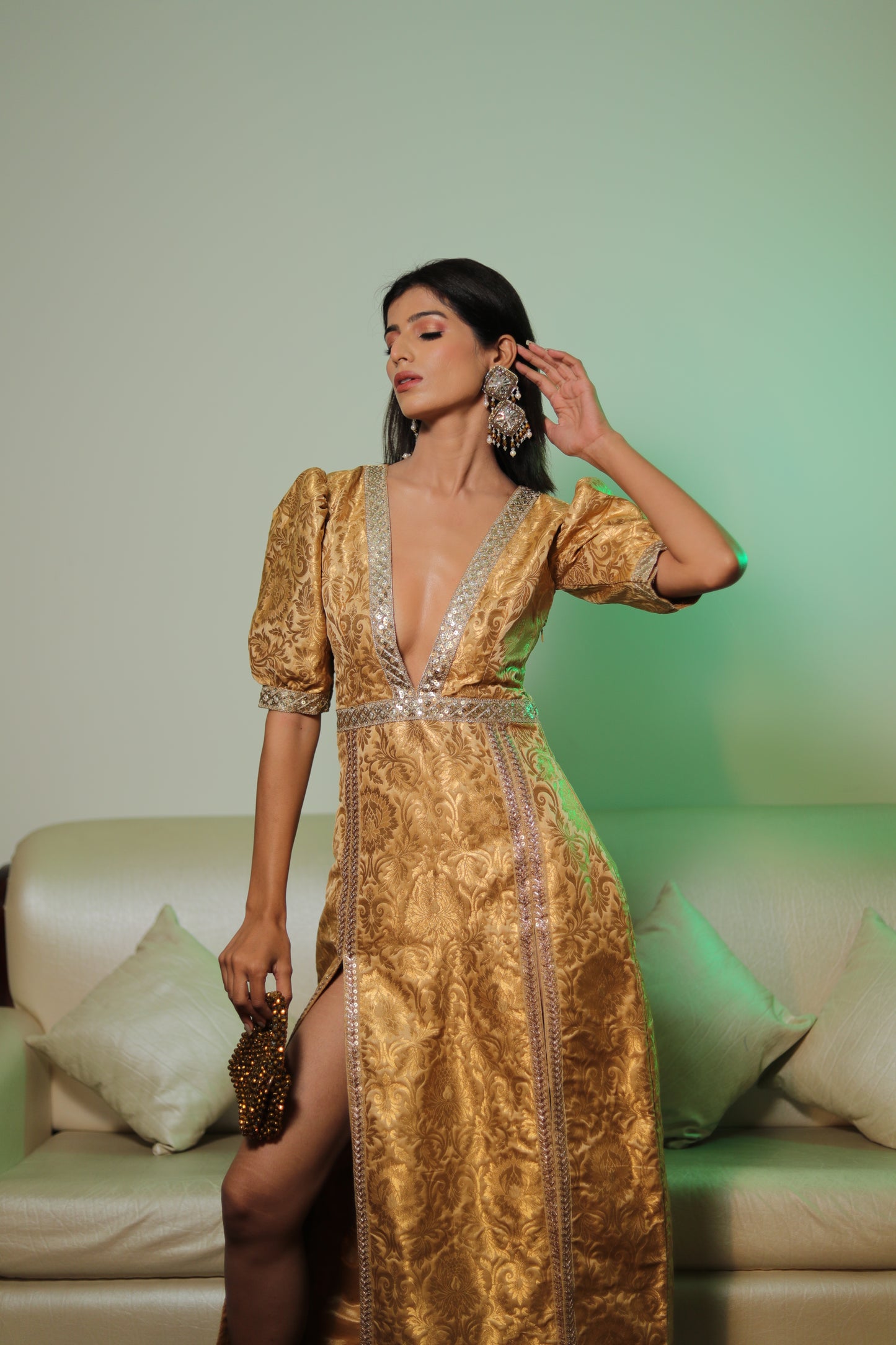 RAJRANI: Royal Gold Silk Brocade Dress