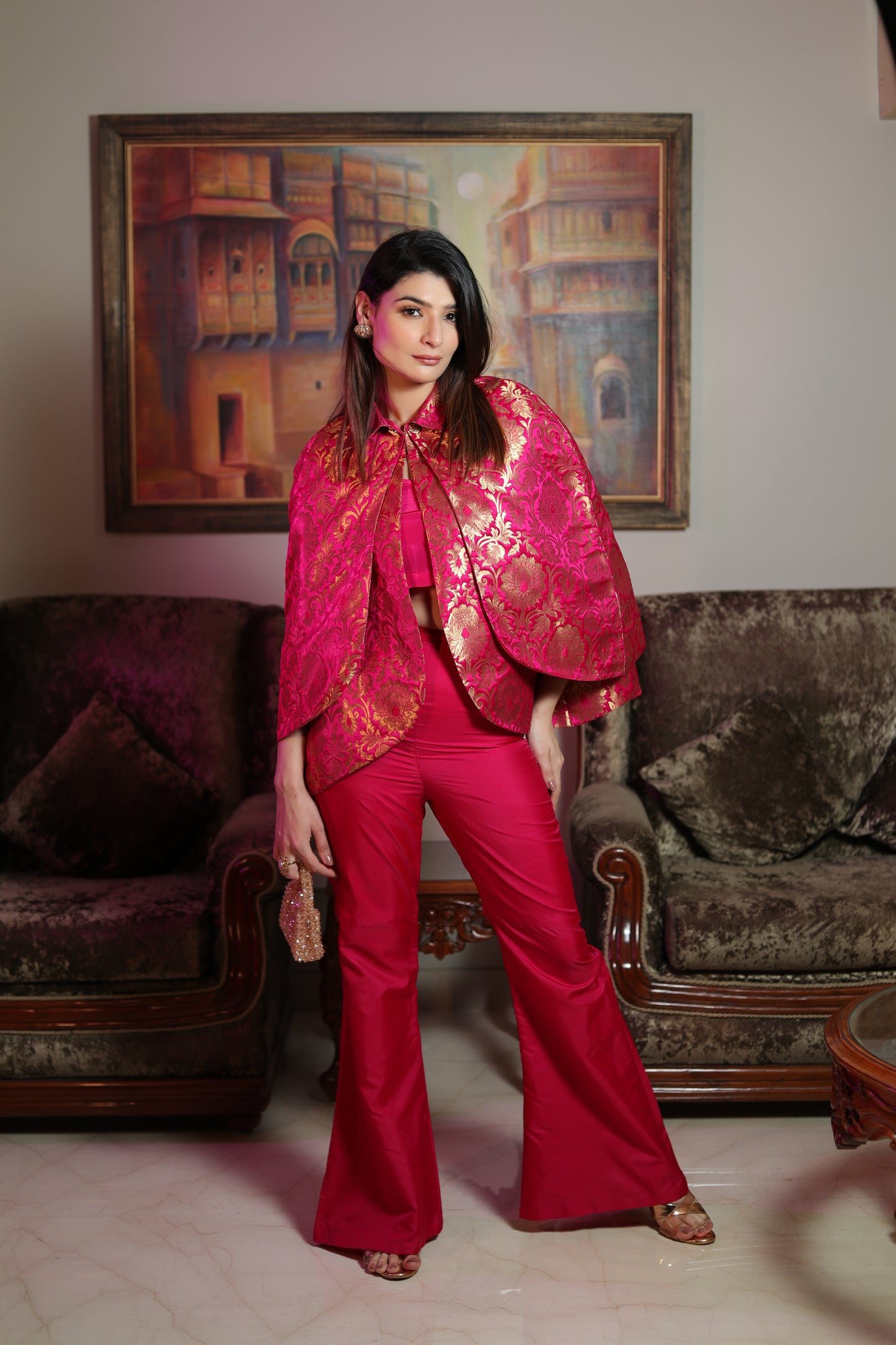 NOOR: Pink Silk Brocade Cape Set