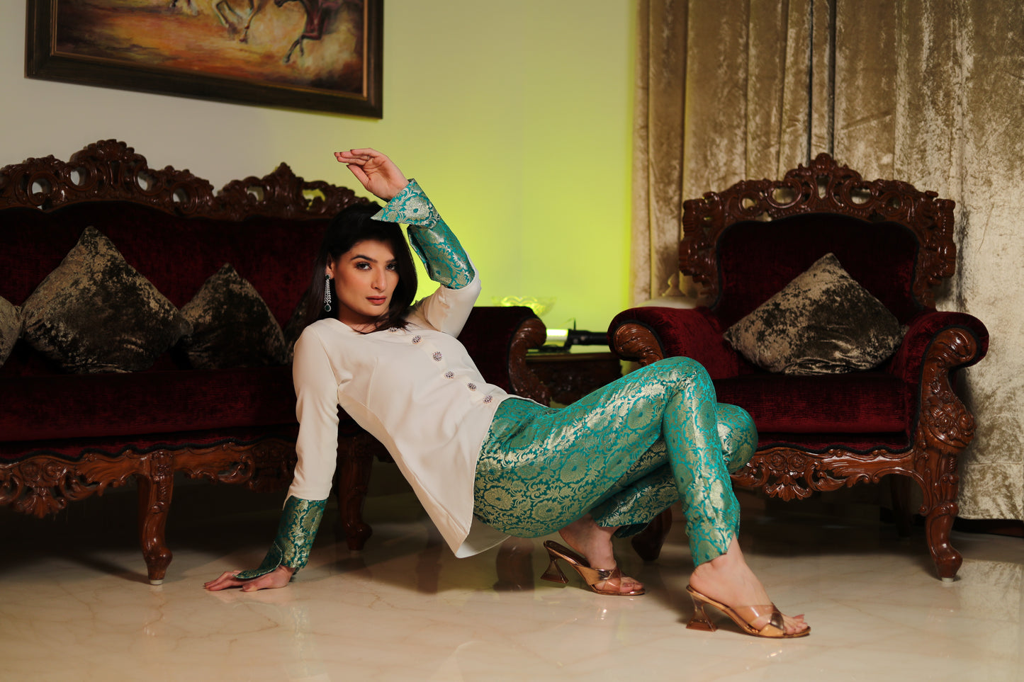 AZEEZ: Green Silk Brocade Co Ord Set With Crystal Buttons