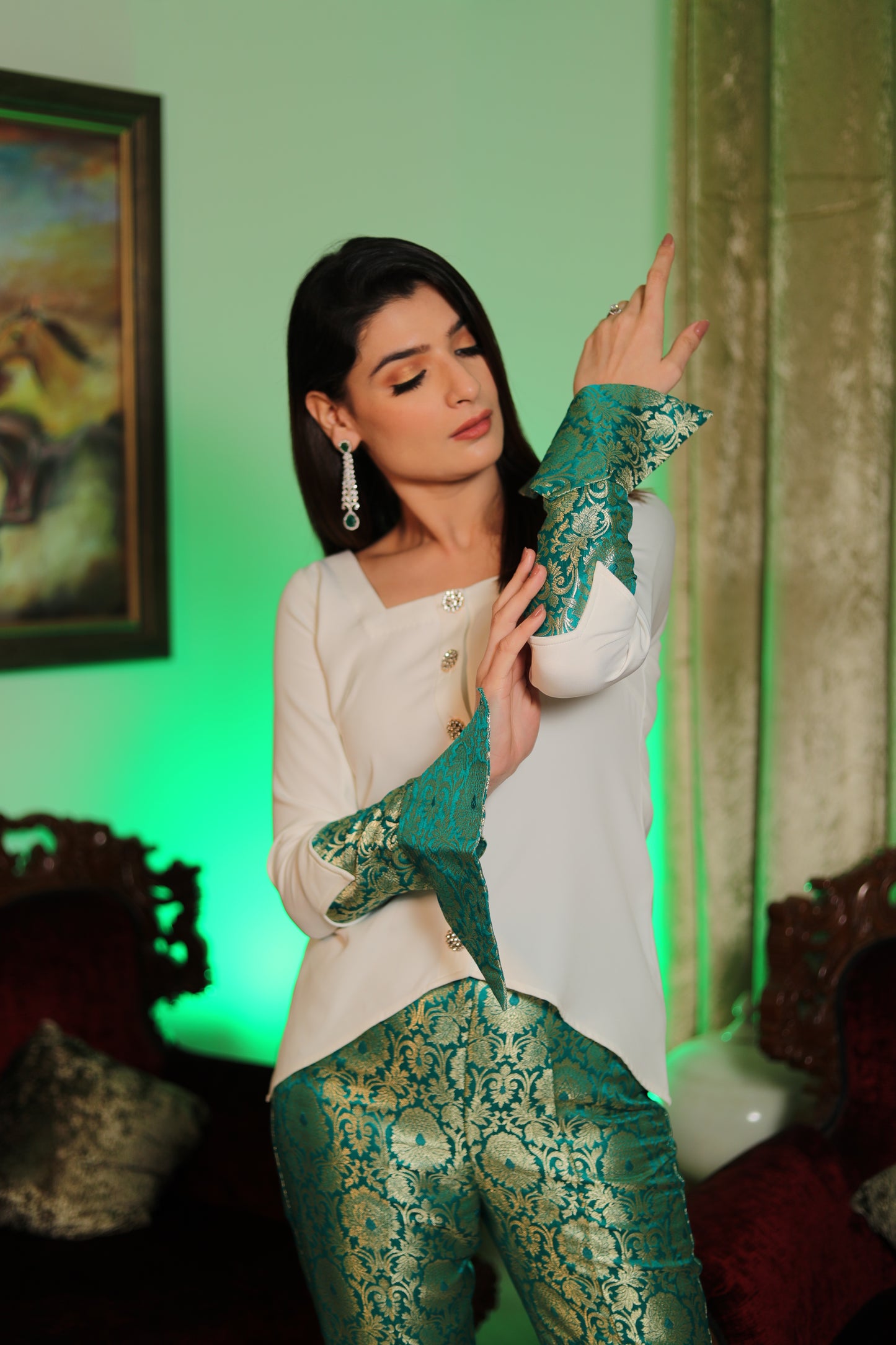 AZEEZ: Green Silk Brocade Co Ord Set With Crystal Buttons