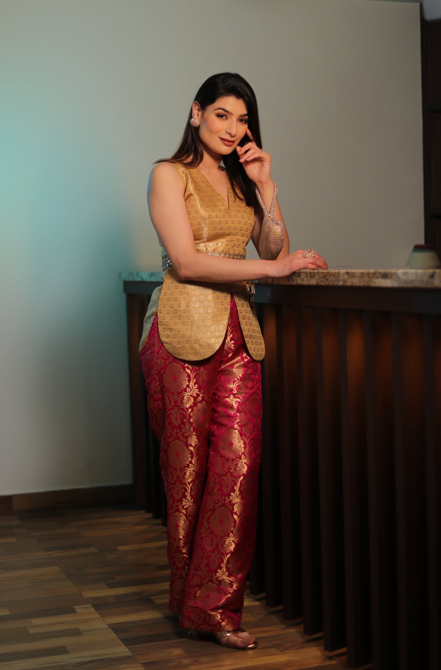 AFREEN: Gold and Pink Silk Brocade Co Ord Set