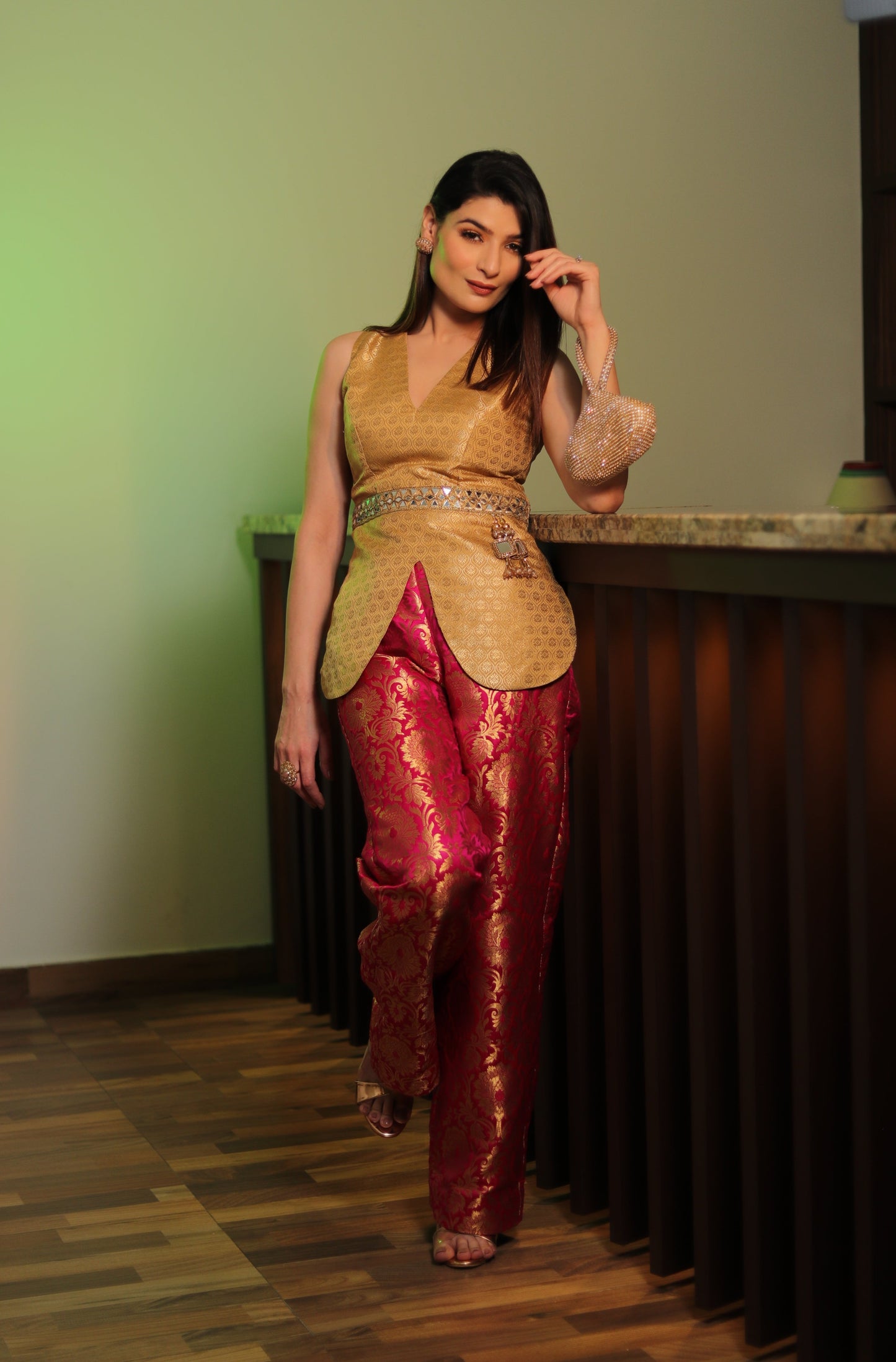 AFREEN: Gold and Pink Silk Brocade Co Ord Set