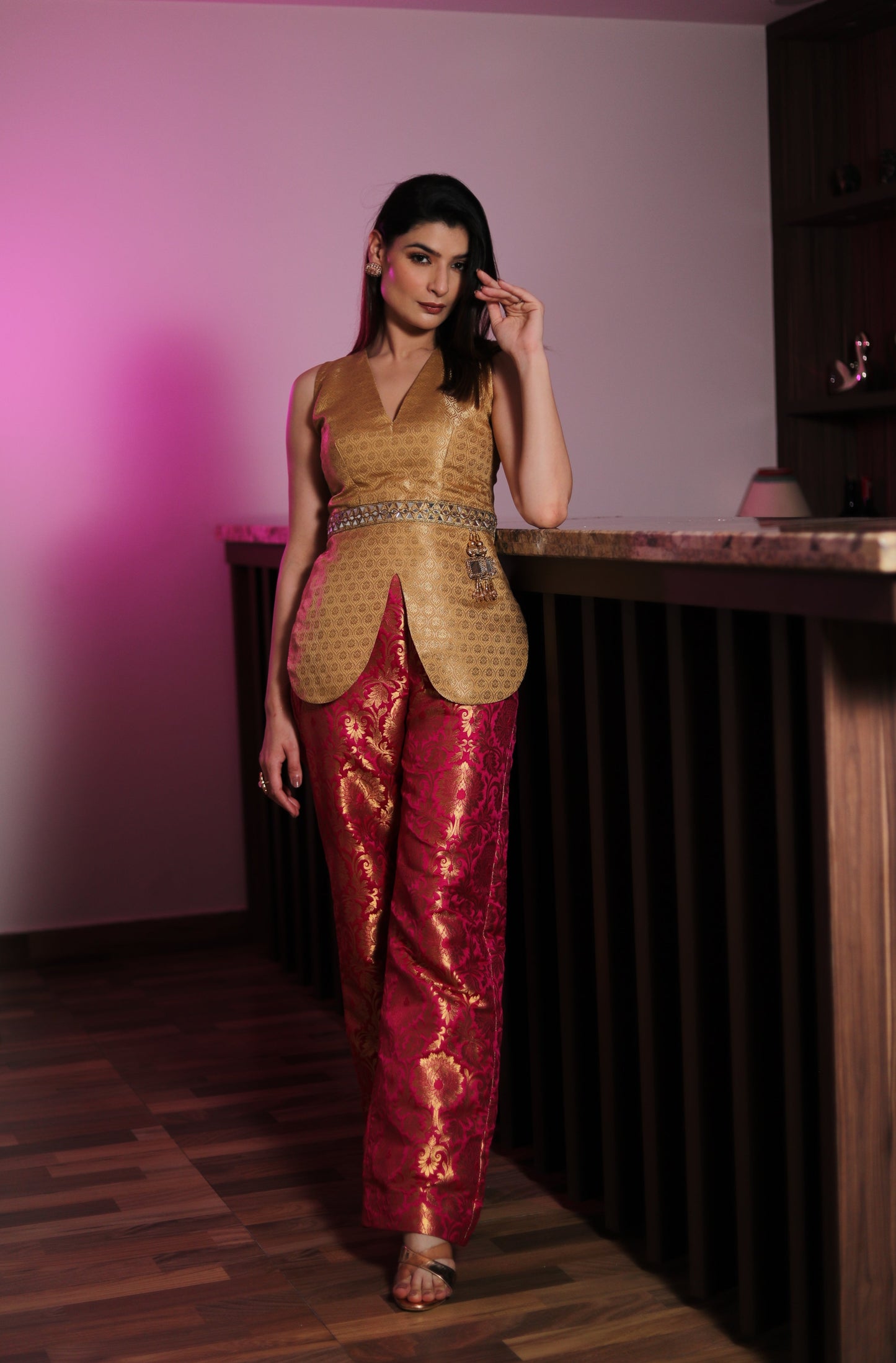 AFREEN: Gold and Pink Silk Brocade Co Ord Set