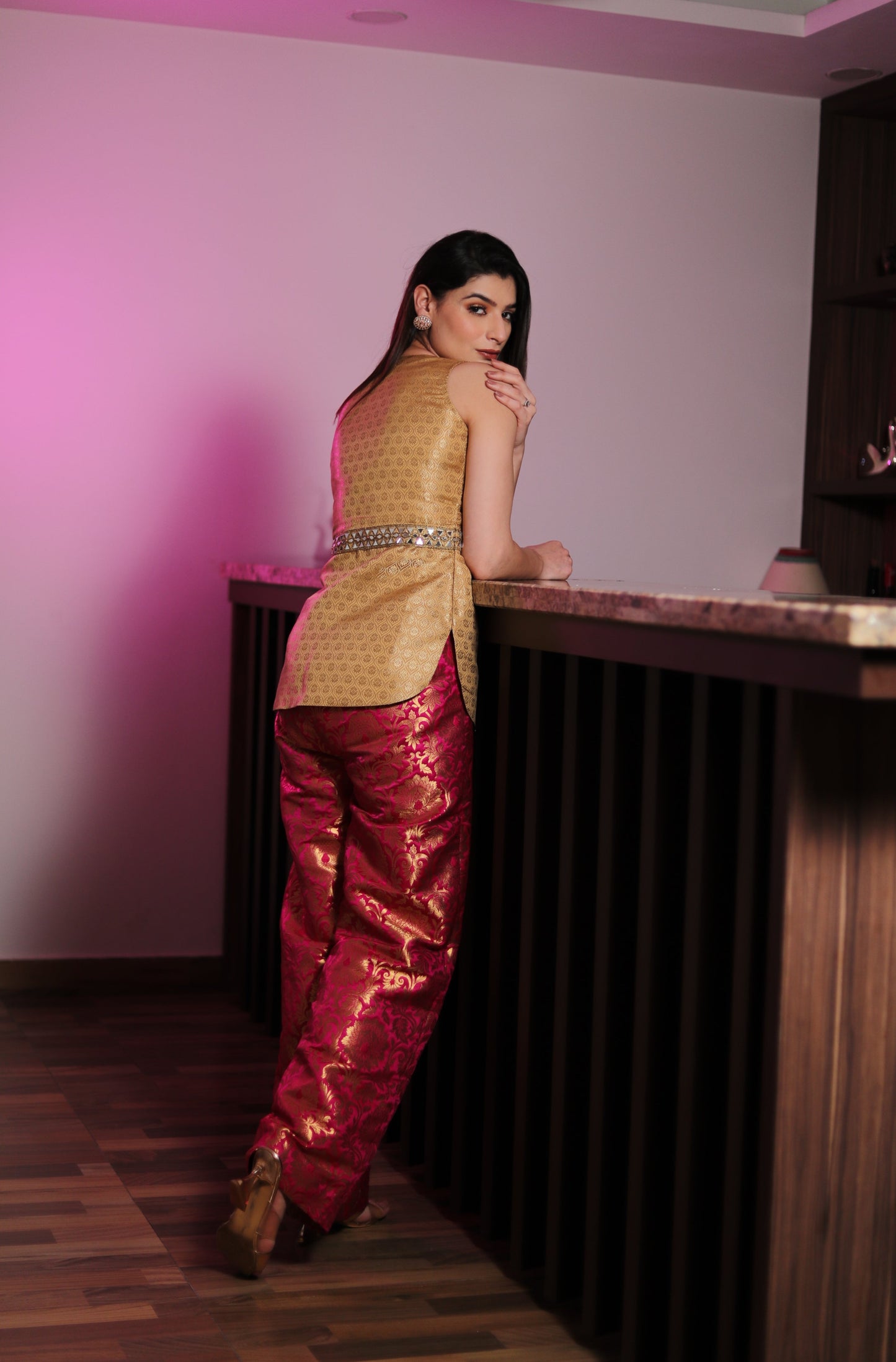 AFREEN: Gold and Pink Silk Brocade Co Ord Set